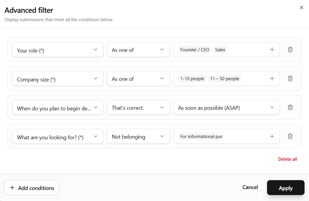 Advanced filters for searching and classifying Google Forms responses